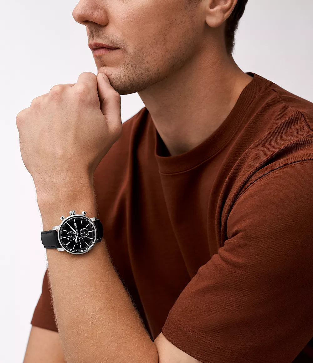 Fossil Rhett Multifunction Black LiteHide™ Leather Watch